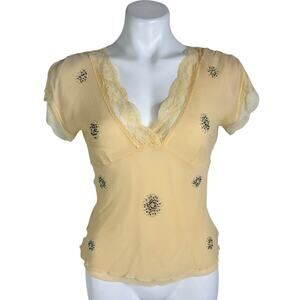 Vintage Carole Little Yellow Silk Babydoll Top Size Small Lace Beaded Coquette